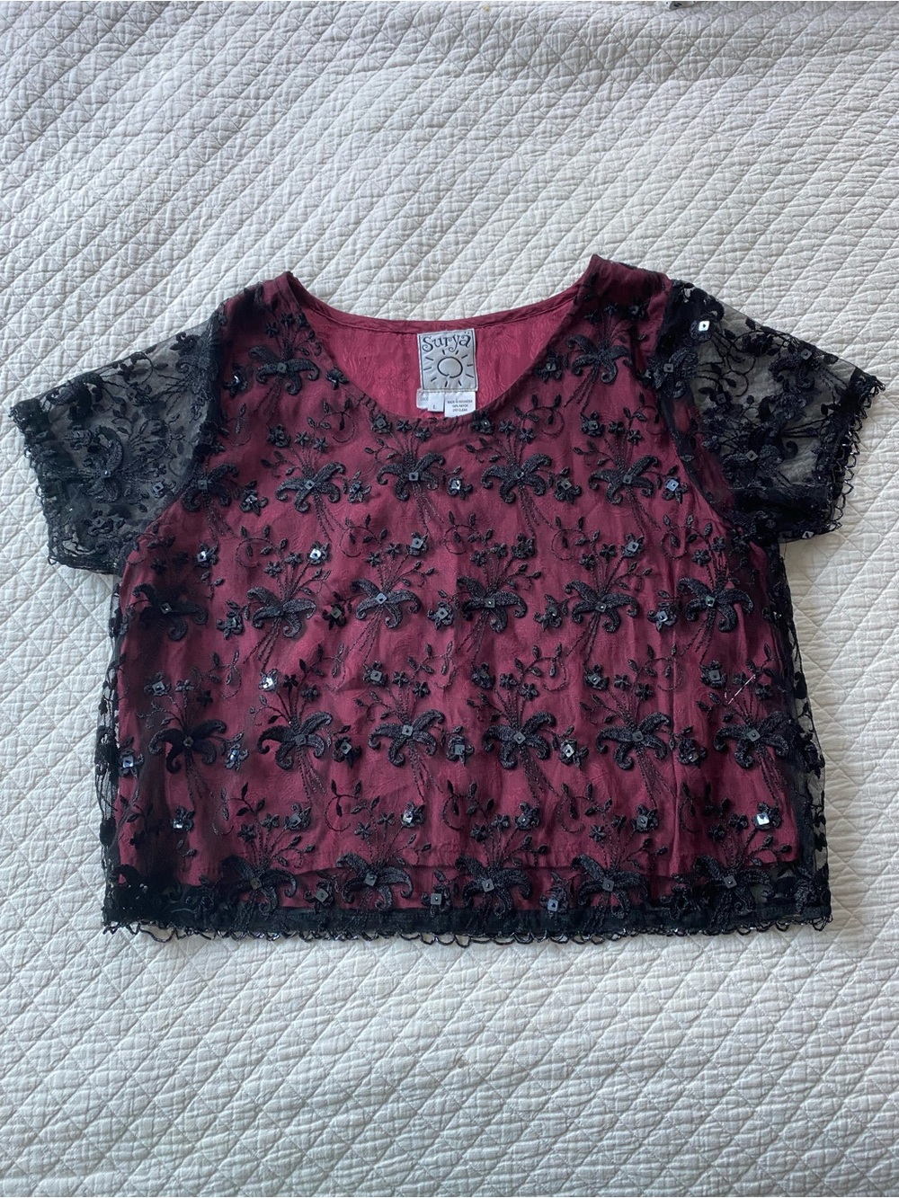 VTG Burgundy Embroidered Black Lace Overlay Top Whimsigoth Sequins Sheer Boho L